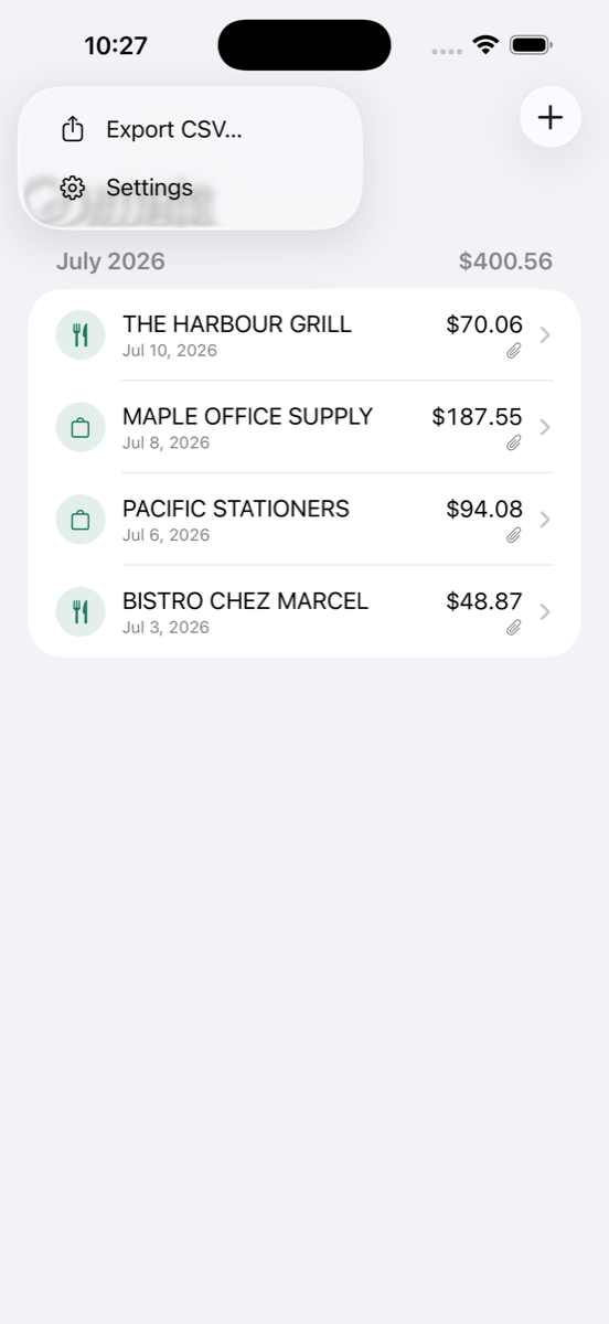 Settings screen showing Crumple's local-first data policy