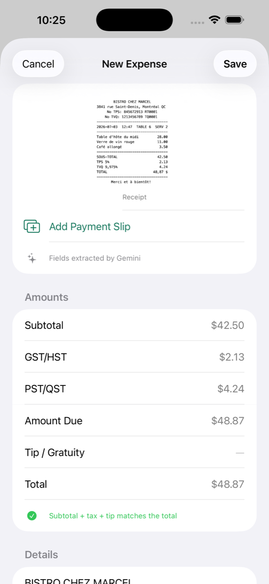 Review screen with extracted fields: merchant, GST/HST, PST/QST, and total from a Montréal restaurant receipt