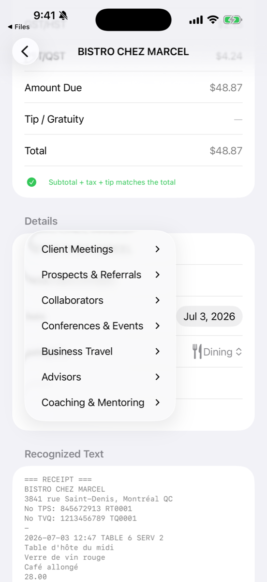 One-tap meal note templates for documenting client meetings